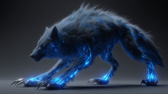 AI Werewolf With Metallic Fur And Neon Claws