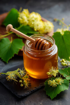 Jar of linden honey with dipper and fresh linden flowers