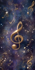 A cosmic backdrop of deep purple and blue, speckled with gold stars, features a large, golden treble clef surrounded by smaller, similarly hued musical notes