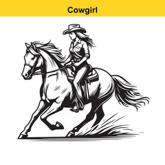 Grace in Motion – Western Horsewoman Riding with Power and Poise in Vintage Ink Detail