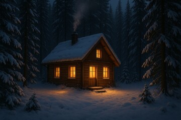 Peaceful Cabin in the Winter Woods