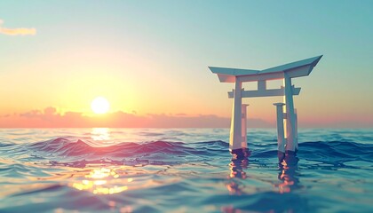 Paper art Torii gate ocean sunset Japan