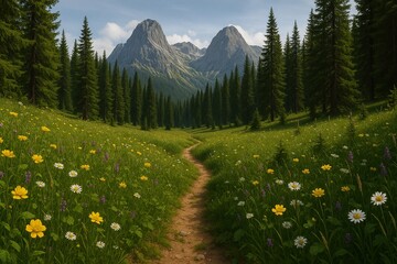 Mountain Trail Through Flowers