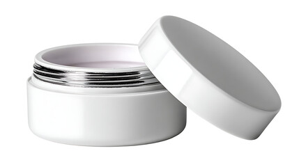 A white cosmetic jar with the lid off on a white background in soft light