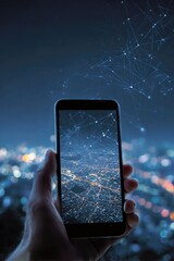 A hand holds a smartphone displaying a nighttime cityscape overlaid with a digital network constellation against a dark, blurred city backdrop