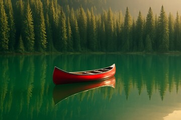 Red Canoe on a Tranquil Mountain Lake