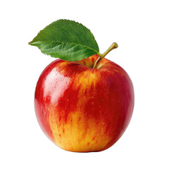 Close-up of a red and yellow apple with a leaf
