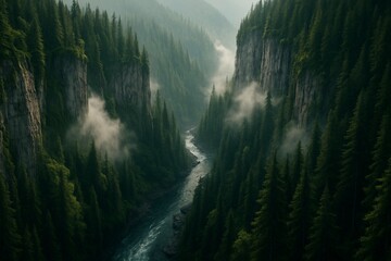 Misty River Valley Through Evergreen Forest