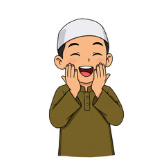 A delightful cartoon illustration of a young Muslim boy wearing a white prayer cap and brown tunic, joyfully making a supplication with his hands raised.