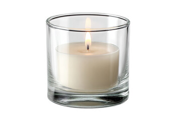 A clear glass candle holder with a lit candle