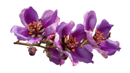 Close-up of three vibrant purple flowers on a branch