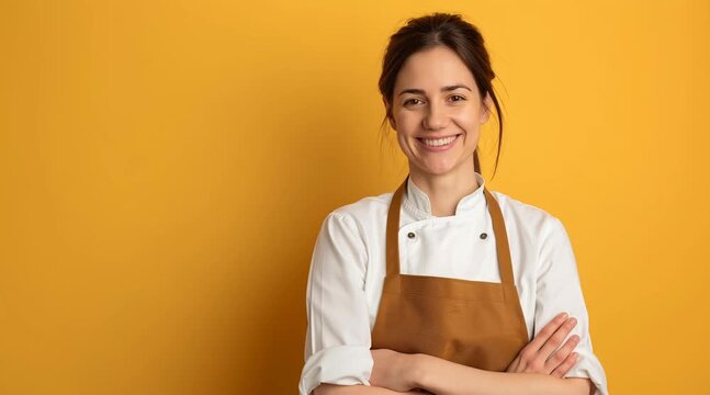 Cheff mujer sonriente fondo plano 