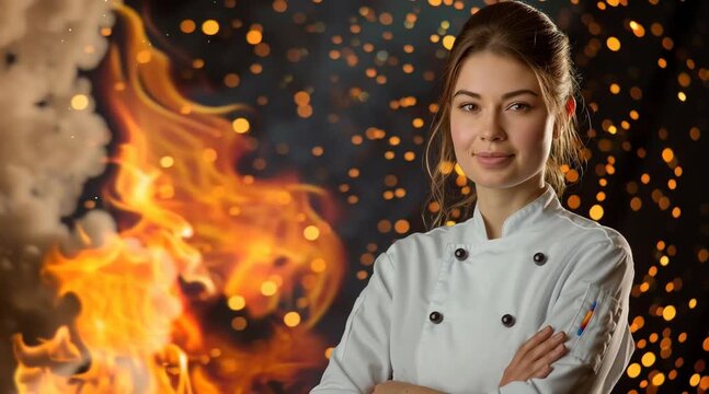 Cheff profesional sonriente con un fondo de particulas y fuego 