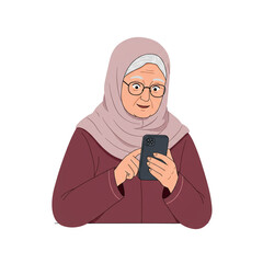 A senior Muslim woman with a happy expression on her face holds a mobile phone, illustrating the concept of digital literacy and communication for all ages.