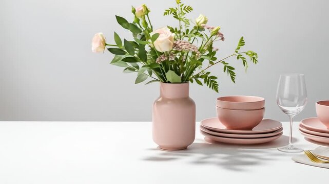Elegant pink dinnerware set with floral centerpiece for special occasions and gatherings