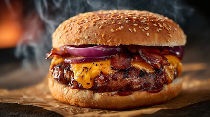A close up shot of a delicious looking burger with bacon, cheese, and red onion rings