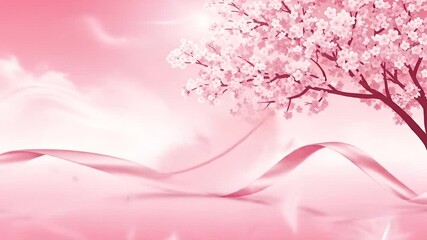 Gentle animation featuring blooming cherry blossom trees with falling petals and a pink ribbon - Powered by Adobe