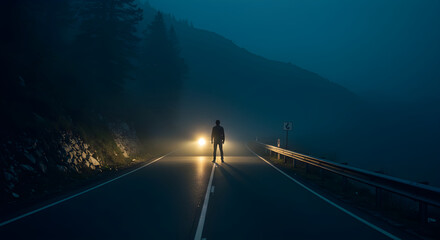 Person standing on foggy road illuminated by car headlights at night conveys mystery and isolation
