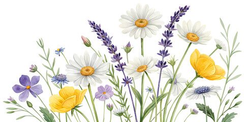
Watercolor Wildflower Meadow Clipart: Daisies, Lavender, and Poppies