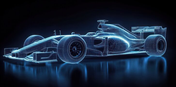 3d wireframe model of a sleek formula race car with glowing blue lines on a black background conveying futuristic technology and speed