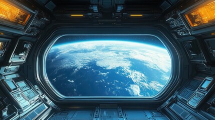 Fototapeta premium View of Earth from inside a futuristic spaceship window showing blue planet with clouds and space beyond