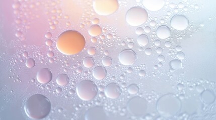 Close-up view of water droplets condensation on a smooth surface with soft pastel pink and light blue lighting creating an abstract and delicate pattern