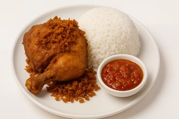 Delicious Indonesian Ayam Goreng with Crispy Crumbs, Fluffy Rice, and Fiery Sambal Sauce Ready to Eat, Bringing Authentic Flavors to Your Table Tonight