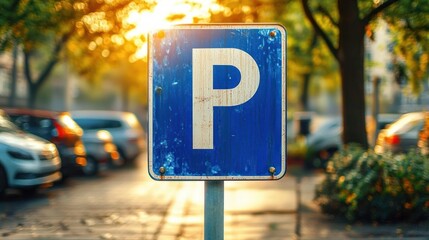 Weathered blue parking sign standing amidst blurred parked cars and trees under warm golden sunlight in an urban setting