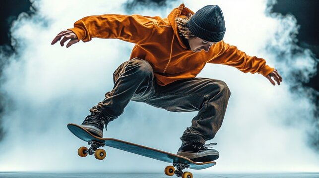 Young person performing an impressive skateboarding jump wearing an orange hoodie and black beanie with dramatic smoke background creating a dynamic and energetic atmosphere