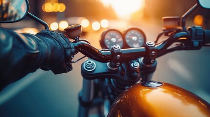Close-up view of a person riding a motorcycle on a road at sunset with glowing orange and yellow bokeh lights in the background