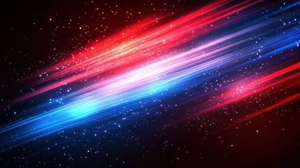 Abstract dynamic streaks of red and blue light particles moving diagonally across a dark background creating a sense of speed and energy