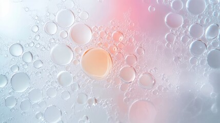 Close-up of translucent oil droplets of various sizes suspended in water with a soft gradient background of white, pink, and light blue tones creating an abstract and calming effect