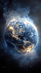 Obraz premium A luminous Earth, shrouded in ethereal, smoky clouds, glows with internal light, suggesting energy or transformation. The deep space background is speckled with stars