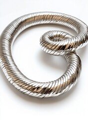 Curved, shiny metallic flexible tube coiled on a white surface with smooth reflections