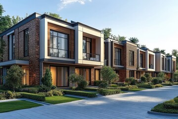 Fototapeta premium Modern row of two-story townhouses with large windows, brick and wood exterior, landscaped front yards, and clear blue sky during sunny day