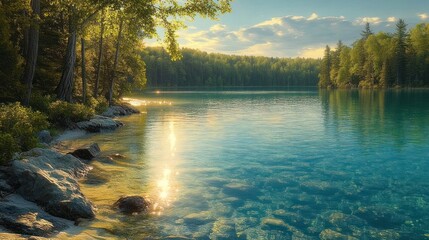 Obraz premium Sunlight reflecting off clear blue lake water with rocky shore and dense green forest under a partly cloudy sky