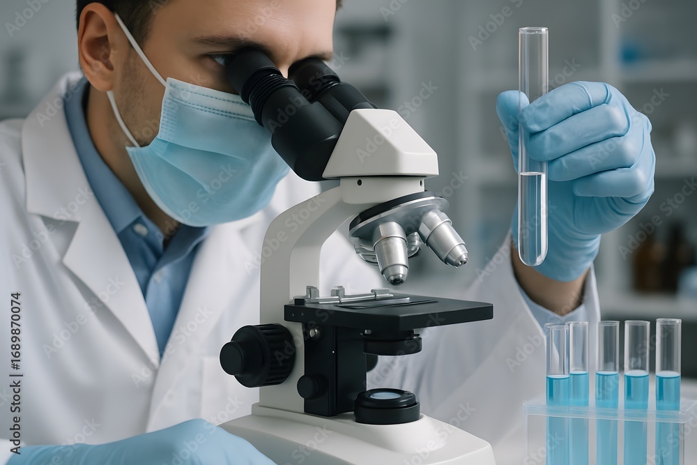 Poster a scientist using a microscope while examining a test tube in laboratory.