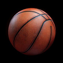 Fototapeta premium Close-up of a textured orange basketball on a black background showing detailed pebble surface and black grooves