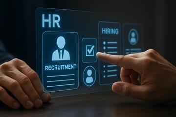 Recruitment and Hiring concept with a digital HR interface. 