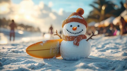 Obraz premium happy snowman wearing orange hat and scarf with a surfboard on a sunny beach with blurred people and palm trees in the background