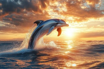 Obraz premium dolphin leaping out of the water with splashes during a golden sunset under partly cloudy sky