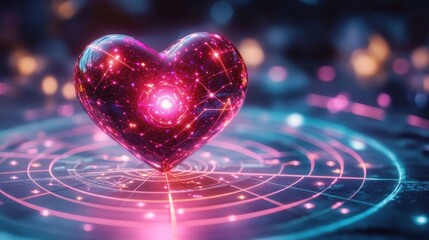 Glowing transparent heart shape with bright pink and purple cosmic lights floating above a futuristic digital circular interface emitting soft neon glows, evoking feelings of love and technology