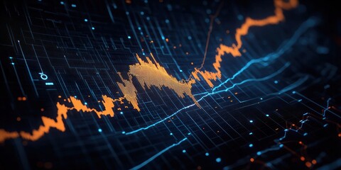 Dynamic digital financial graph with fluctuating orange and blue line charts on a dark futuristic grid background representing market trends and data analysis
