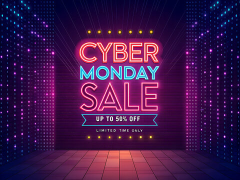 Cyber Monday sale poster with neon lights and colorful background  