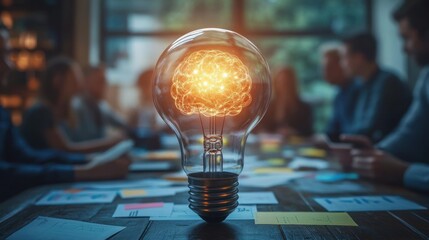 Glowing light bulb with brain-shaped filament illuminating a collaborative meeting with people discussing ideas around a table