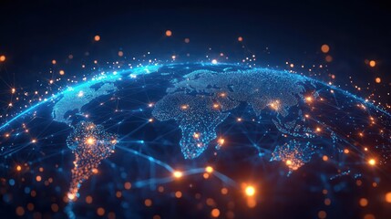 Digital 3D representation of Earth with illuminated continents connected by glowing network lines, symbolizing global communication and data exchange under a dark background