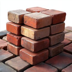 Stacked red and brown bricks arranged in a neat, rectangular pile on a surface made of similar bricks, showcasing rough textures and natural earthy tones