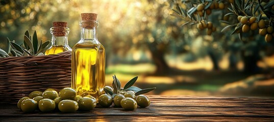 Bottles of golden olive oil with fresh green olives and olive branches on rustic wooden table in a sunlit olive grove