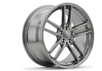 Obraz premium Sleek silver alloy wheel design for high-performance cars enhances vehicle aesthetics and provides a modern, sophisticated look for automotive enthusiasts