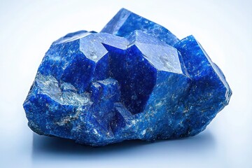 Close-up of a deep blue crystal mineral with sharp angular formations and reflective surfaces on a light background